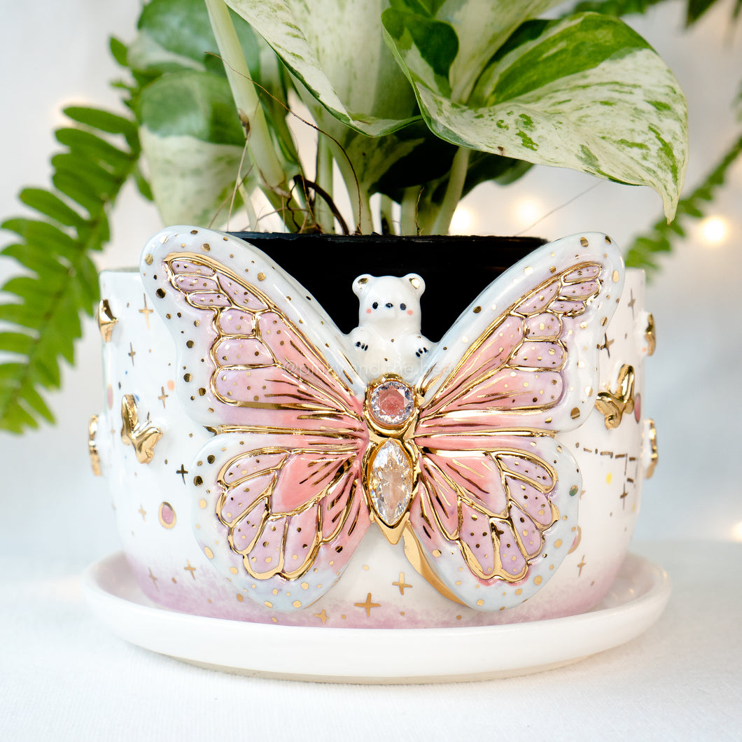 CZ Crystal Rainbow-Winged Butterfly Bear Planter